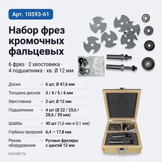 10593-61. Набор фрез кромочных Z3 фальцевых 6 фрез 2Х12 — хвостовик 12 мм, диаметр 2 мм — артикул 10593-61