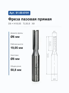 61-00-6191. Фреза пазовая прямая D6 h19,05 TL50,8 Х8 9226 (6-19;359/15-150) (4-12;360-17/150) — хвостовик 8 мм, диаметр 6 мм — артикул 61-00-6191