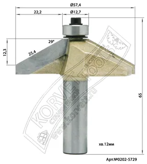 0202-5729. Фреза кромочная конусная н/п D57.4 B25.4 А29° TL65 Х12 #16410 — хвостовик 12 мм, диаметр 57.4 мм — артикул 0202-5729