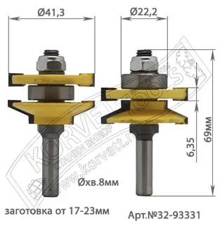 32-93331. Набор фрез комбинированных рамочных D41.3 H18-23 TL69 паз6,35мм Х8 — хвостовик 8 мм, диаметр 41.3 мм — артикул 32-93331