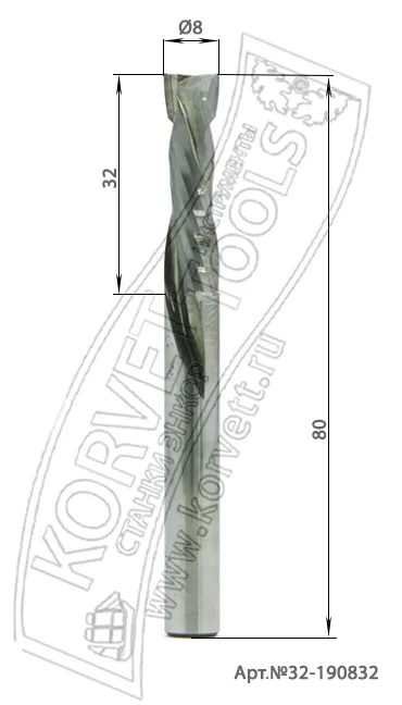 32-190832. Фреза спиральная компрессионная монолитная 8x32x80х8 Z2+2, артикул 32-190832 — вид 1