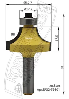 32-59101.Фреза кромочная калевочная н/п R10 D32.7 H17.5 TL58 Х8 #16410 — хвостовик 8 мм, диаметр 32.7 мм — артикул 32-59101